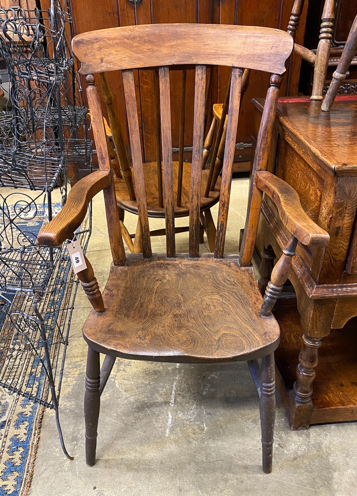 A Victorian elm and beech Windsor lathe back armchair, width 59cm, depth 46cm, height 108cm